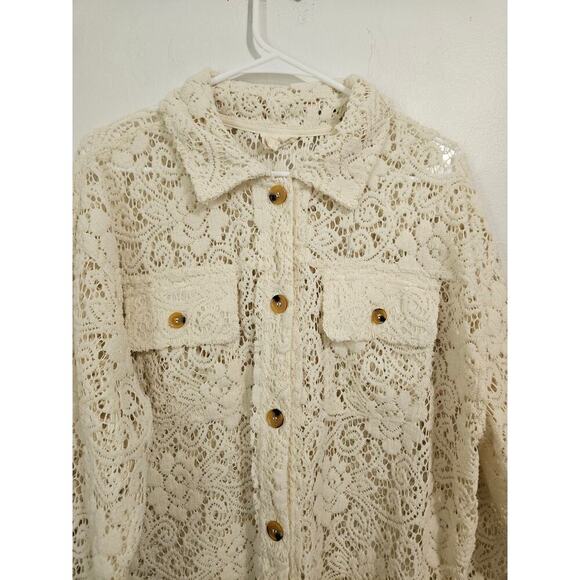 Bibi Oversized Cream Lace Button Down Shacket Size Small Front Pockets Collar - Picture 6 of 10